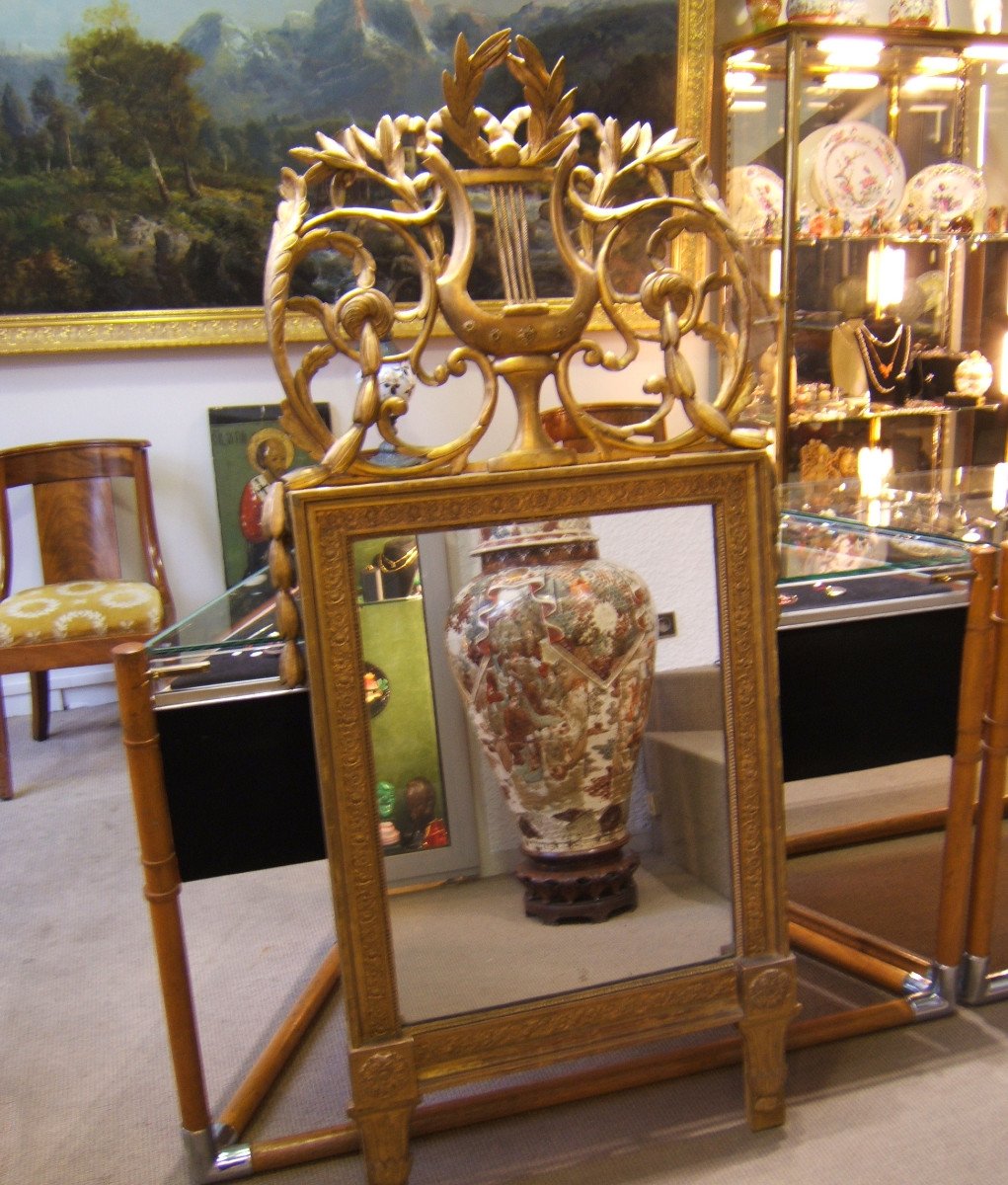 Large Mirror And Its Pediment In Golden Wood Louis XVI Period.