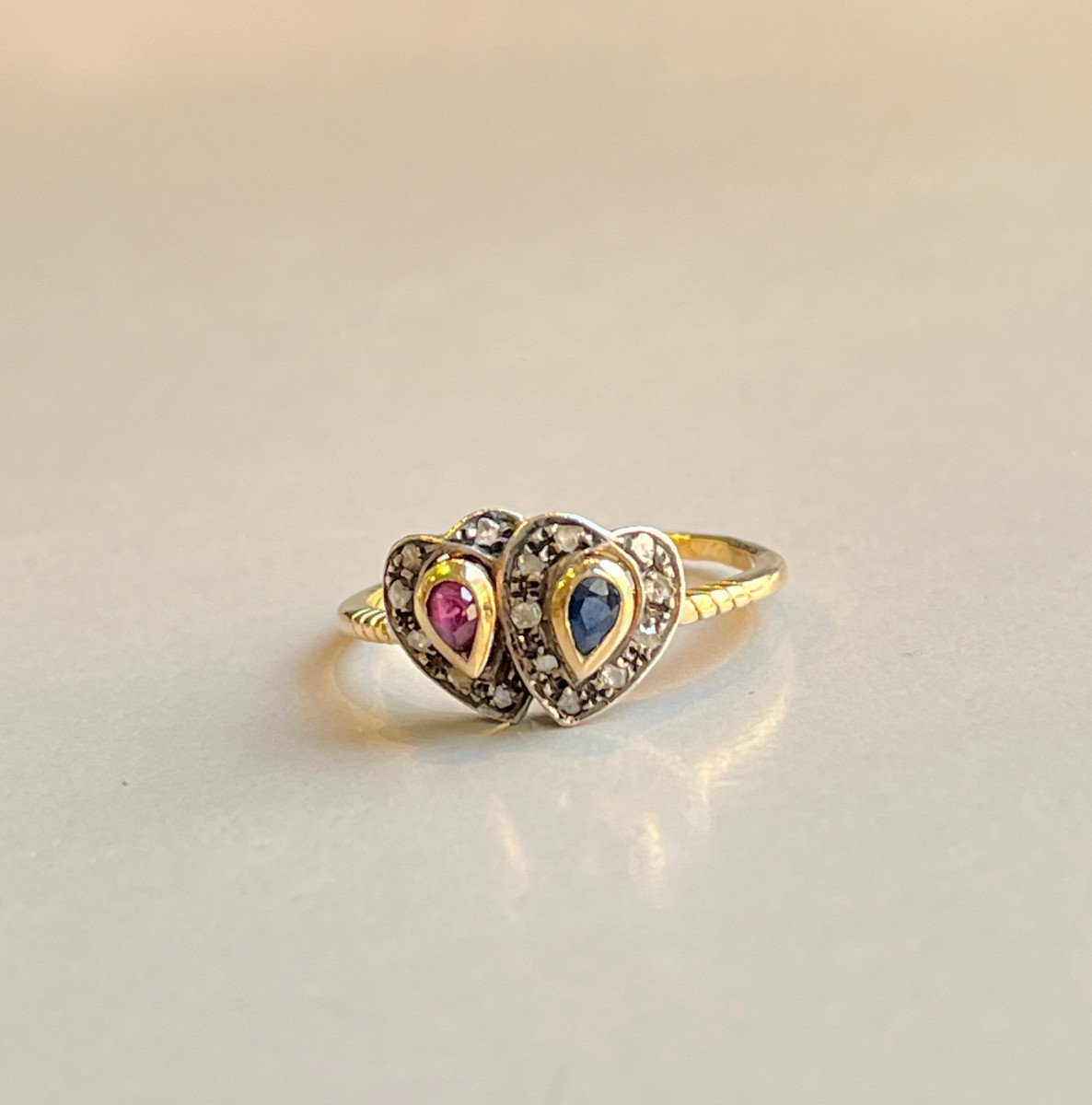 Antique Double Heart Sapphire, Ruby And Diamond Ring. 19th Century-photo-1