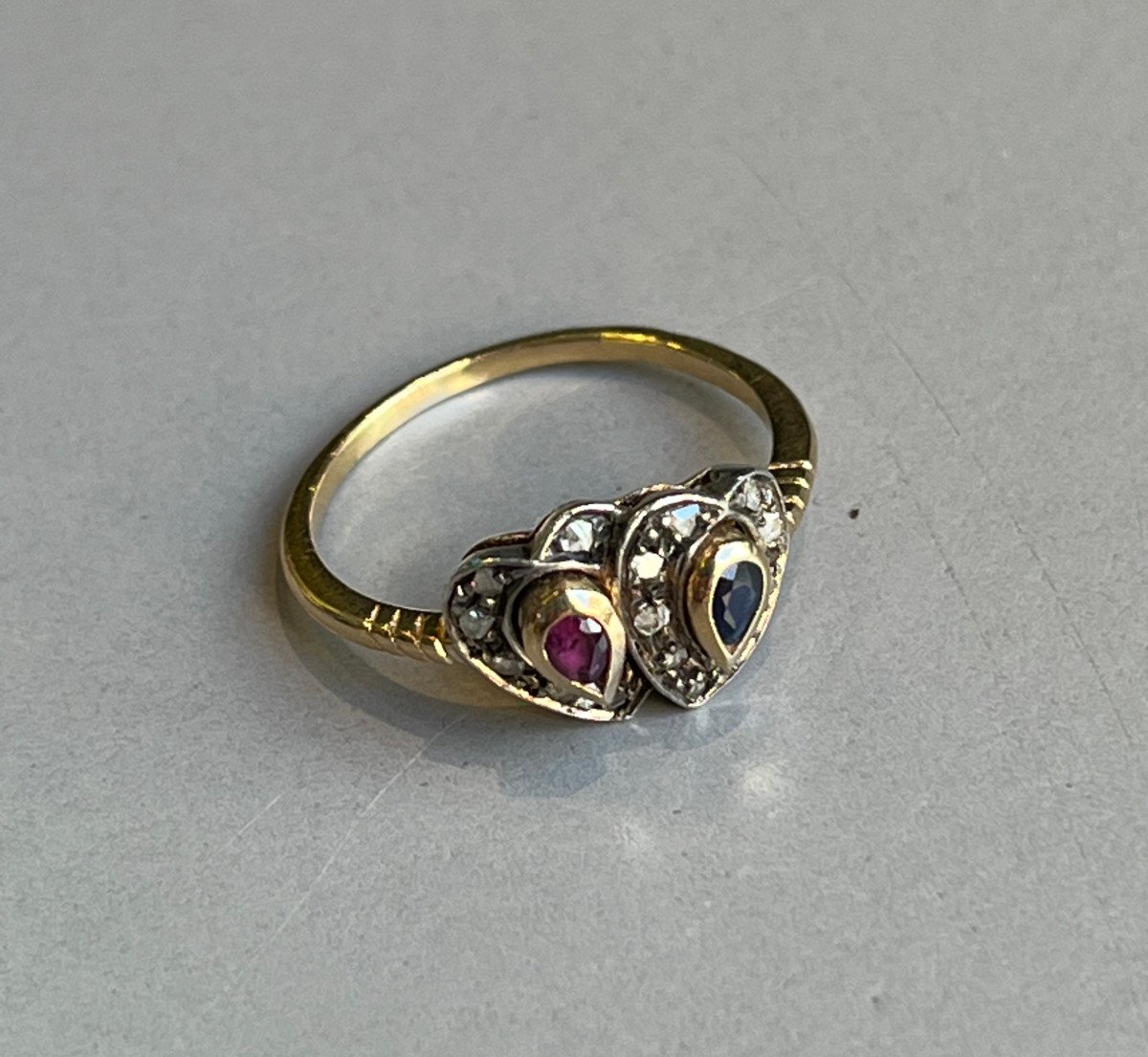 Antique Double Heart Sapphire, Ruby And Diamond Ring. 19th Century-photo-6
