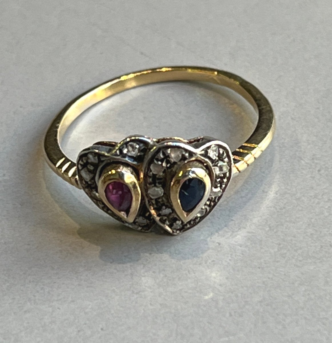 Antique Double Heart Sapphire, Ruby And Diamond Ring. 19th Century