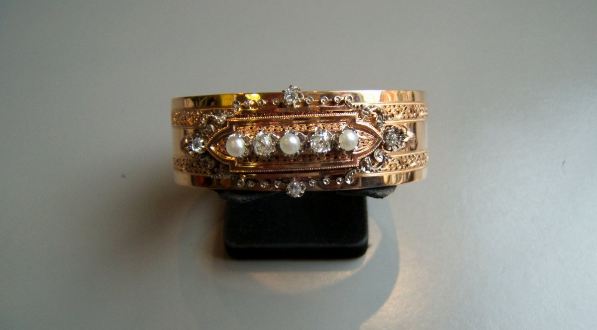 Rose Gold Bracelet, Diamonds And Pearls. XIXth-photo-2