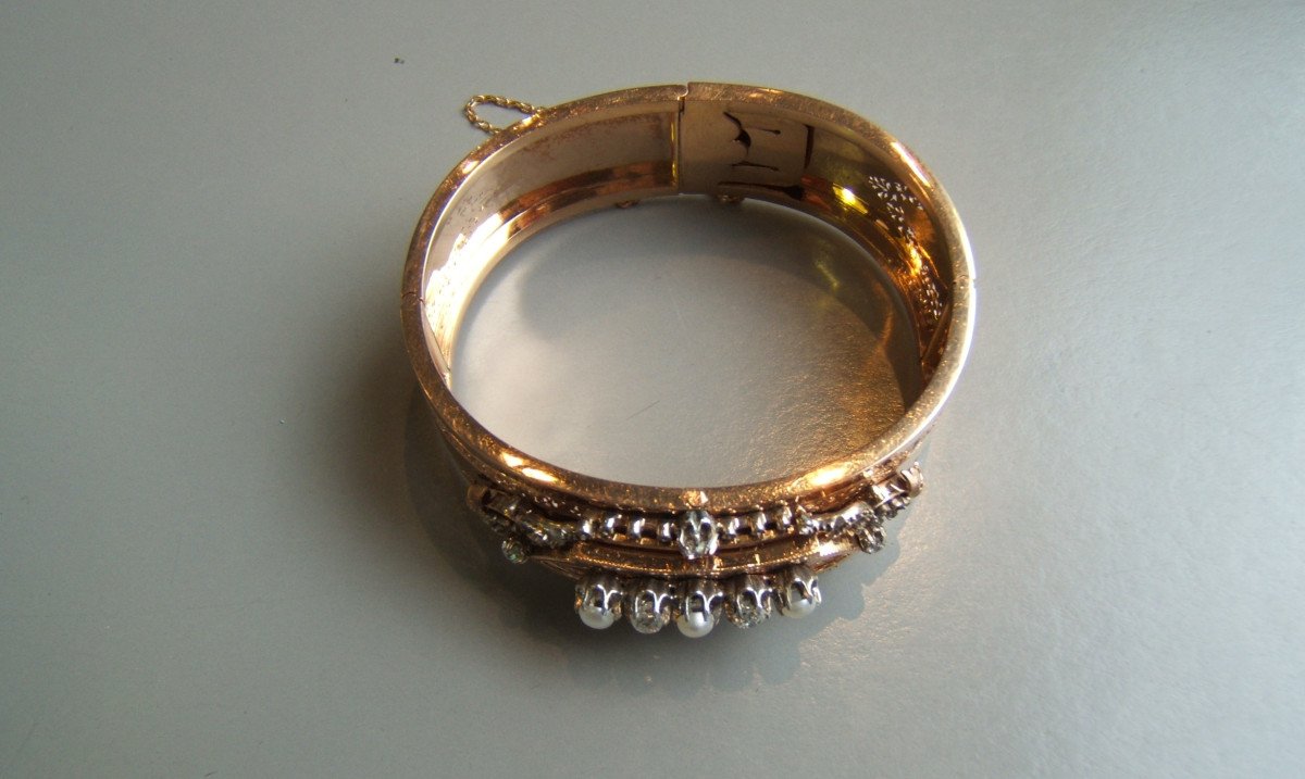 Rose Gold Bracelet, Diamonds And Pearls. XIXth-photo-1