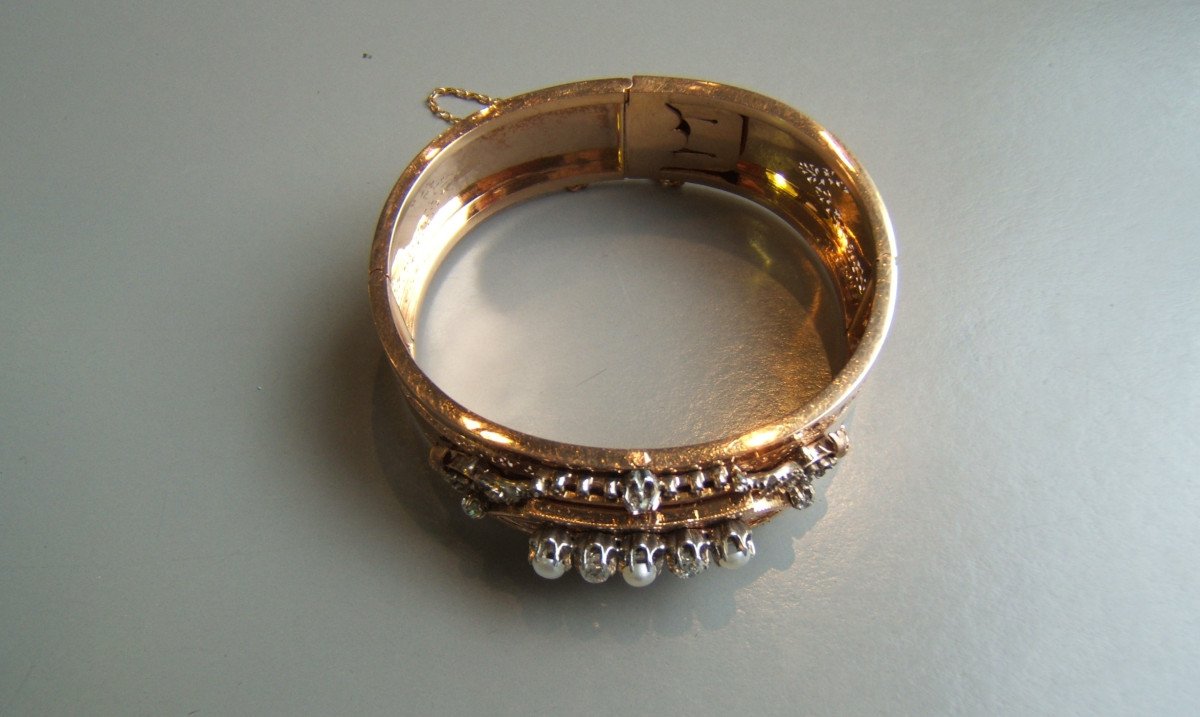 Bracelet or rose,diamants et perles. XIXè-photo-1