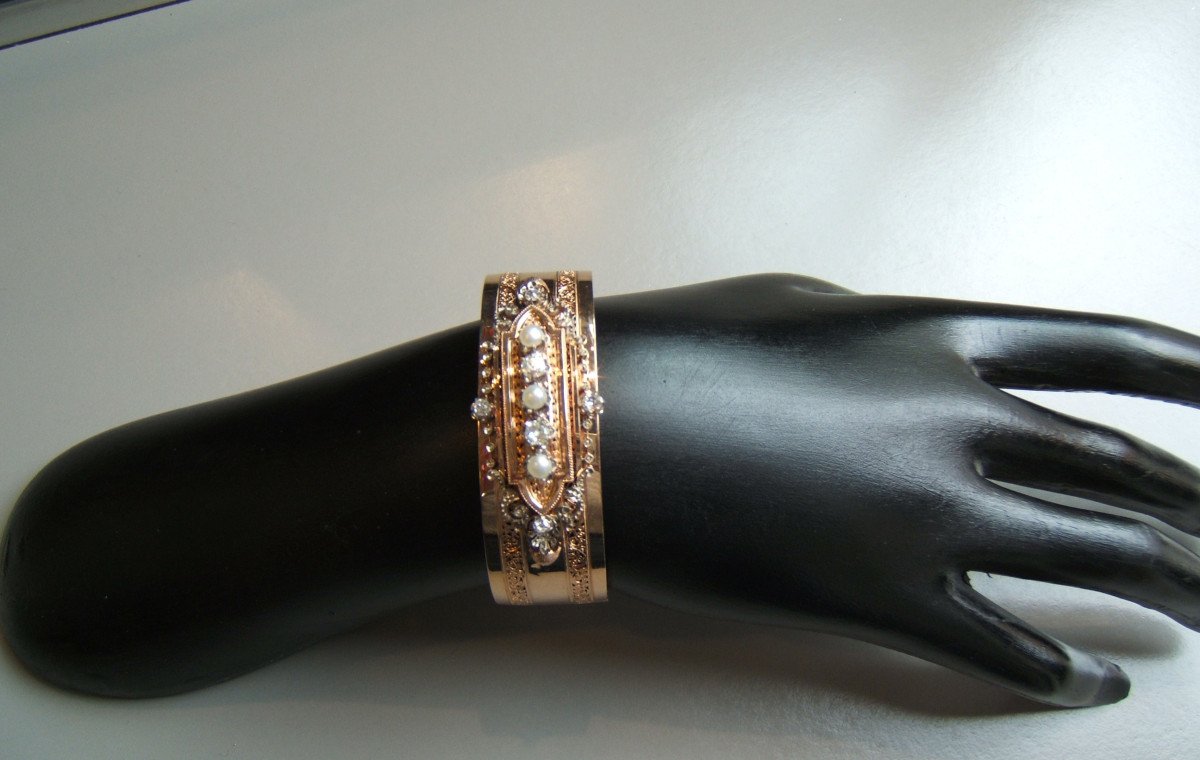 Bracelet or rose,diamants et perles. XIXè-photo-2
