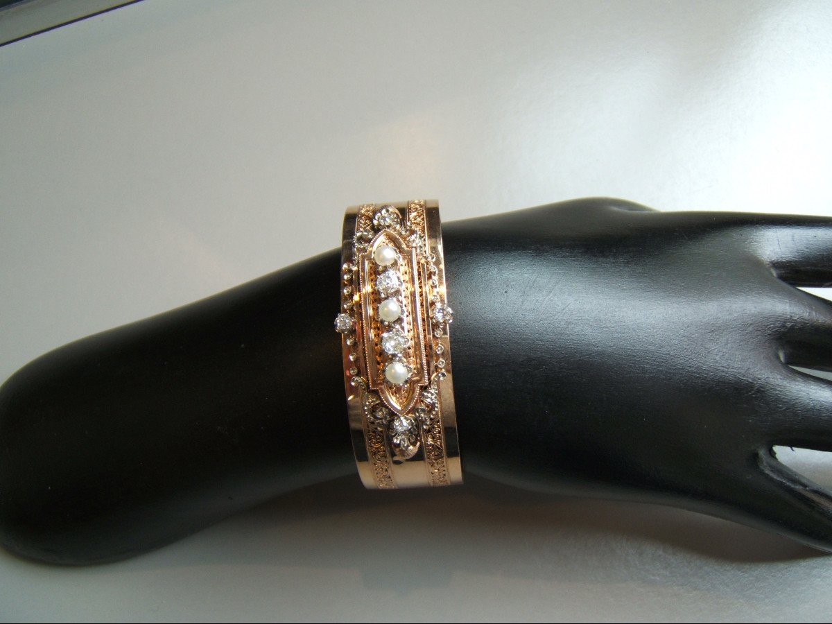 Rose Gold Bracelet, Diamonds And Pearls. XIXth-photo-6