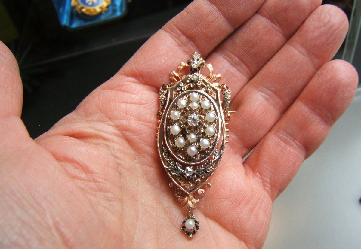 Pink Gold Brooch, Diamonds And Pearls Forming A Pendant. XIXth-photo-2