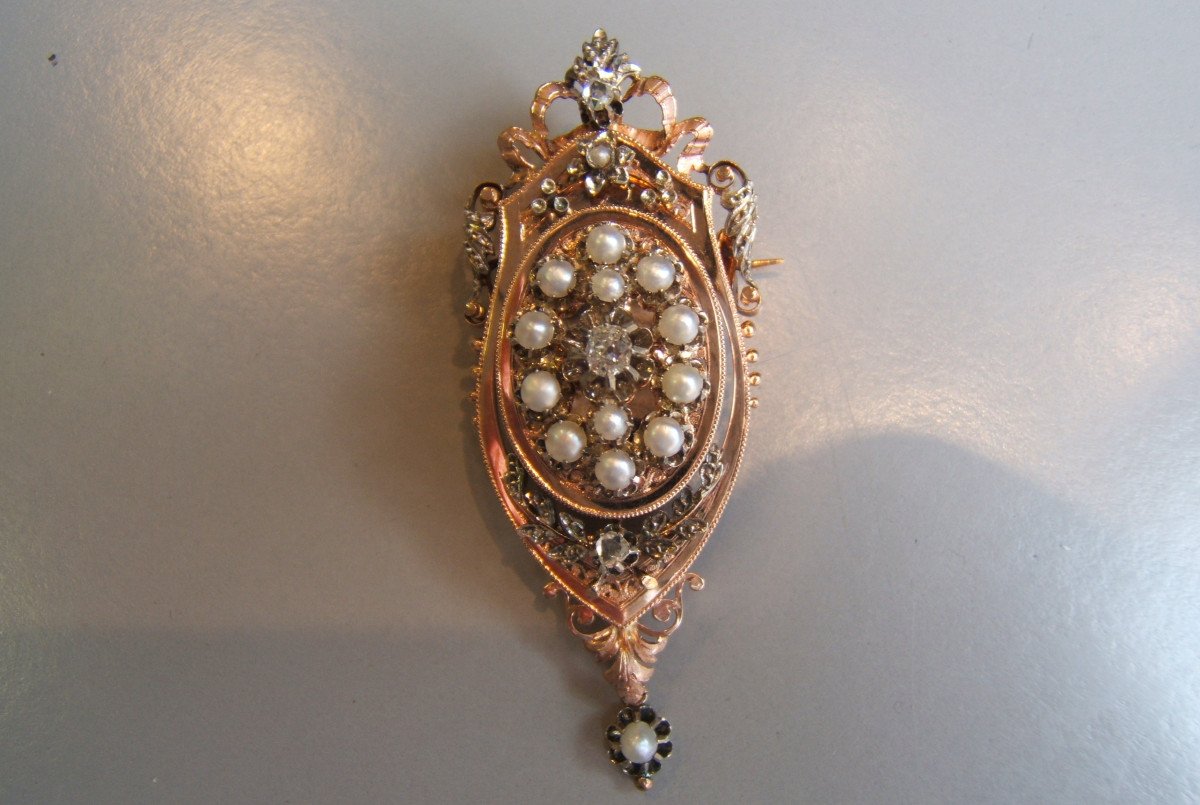 Pink Gold Brooch, Diamonds And Pearls Forming A Pendant. XIXth-photo-3