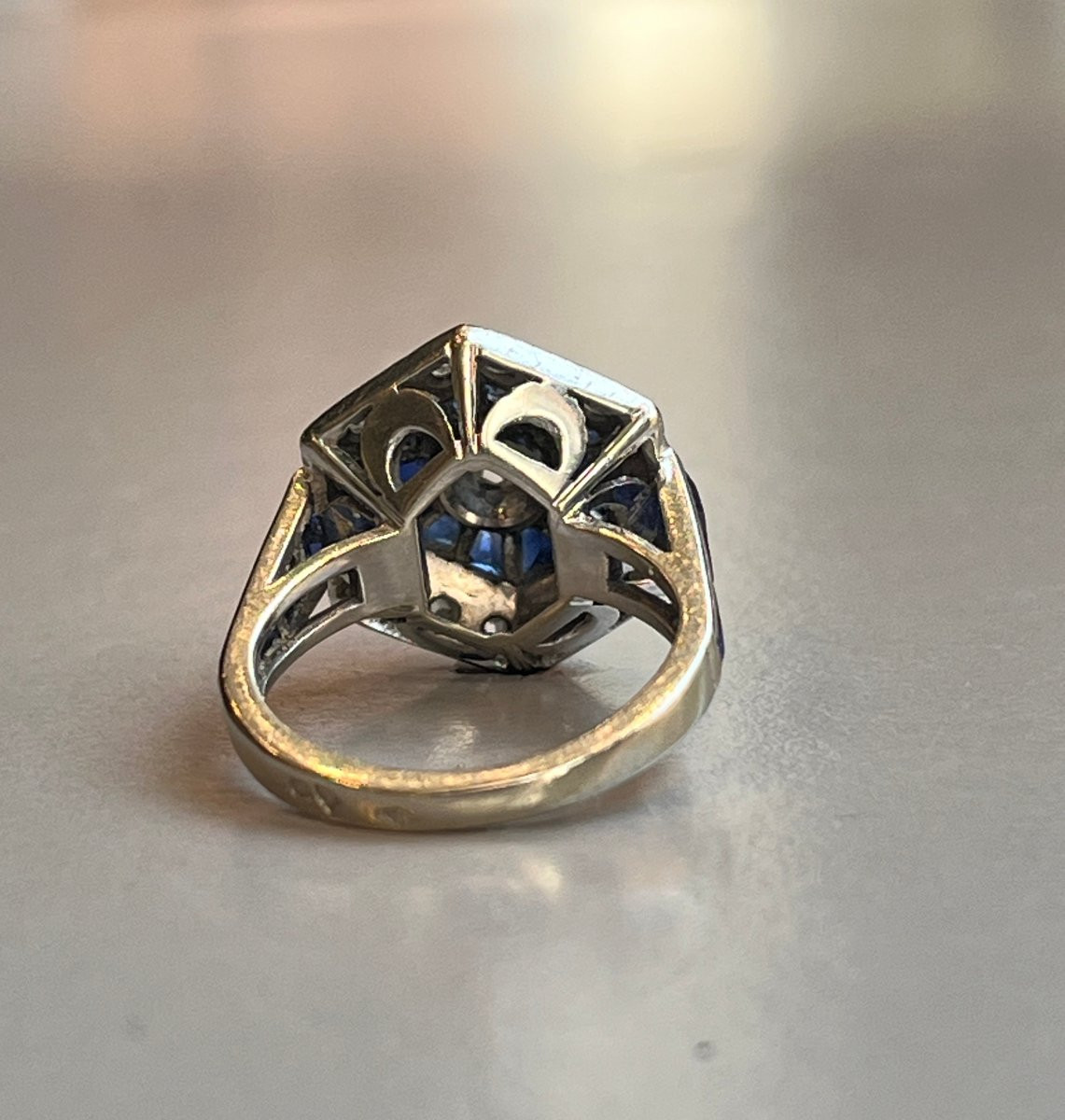 Gold And Platinum Ring With Diamonds And Sapphires, 20th Century-photo-3