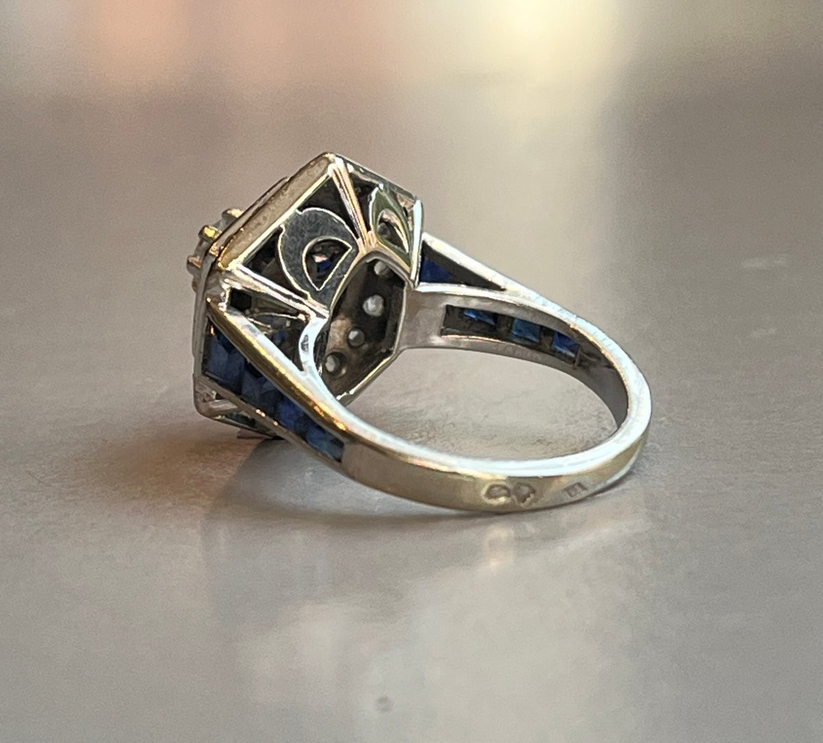 Gold And Platinum Ring With Diamonds And Sapphires, 20th Century-photo-4