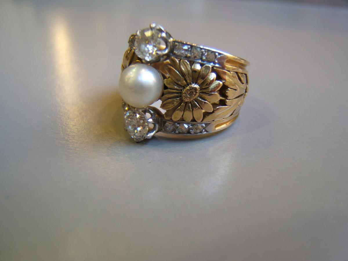 Thick Ring Art Nouveau, Gold, Diamonds, Pearl-photo-1