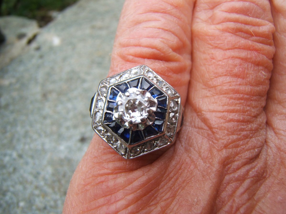 Bague or et platine,diamants et saphirs.-photo-7