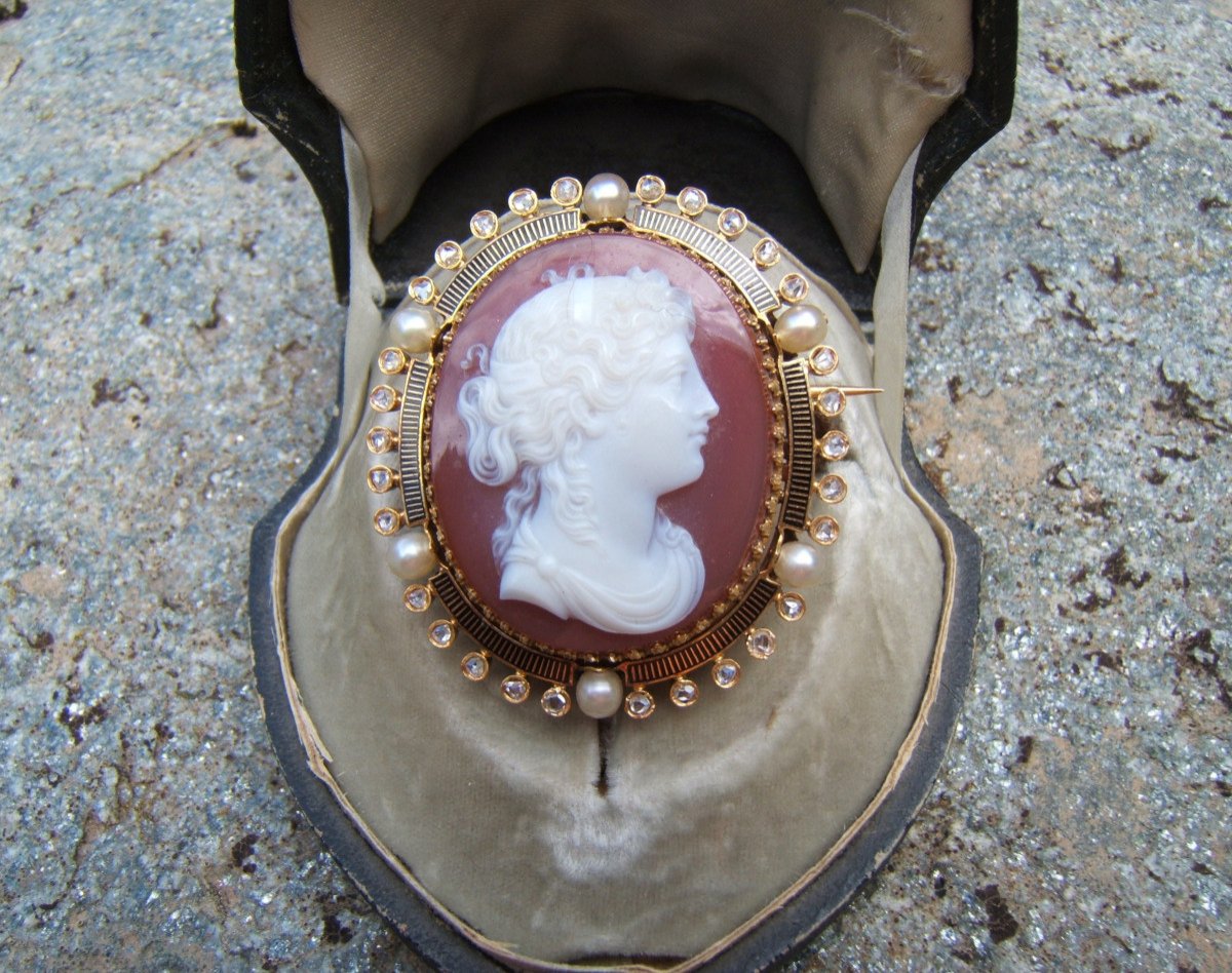 Enamelled Gold Brooch, Cameo On Carnelian. XIXth-photo-2