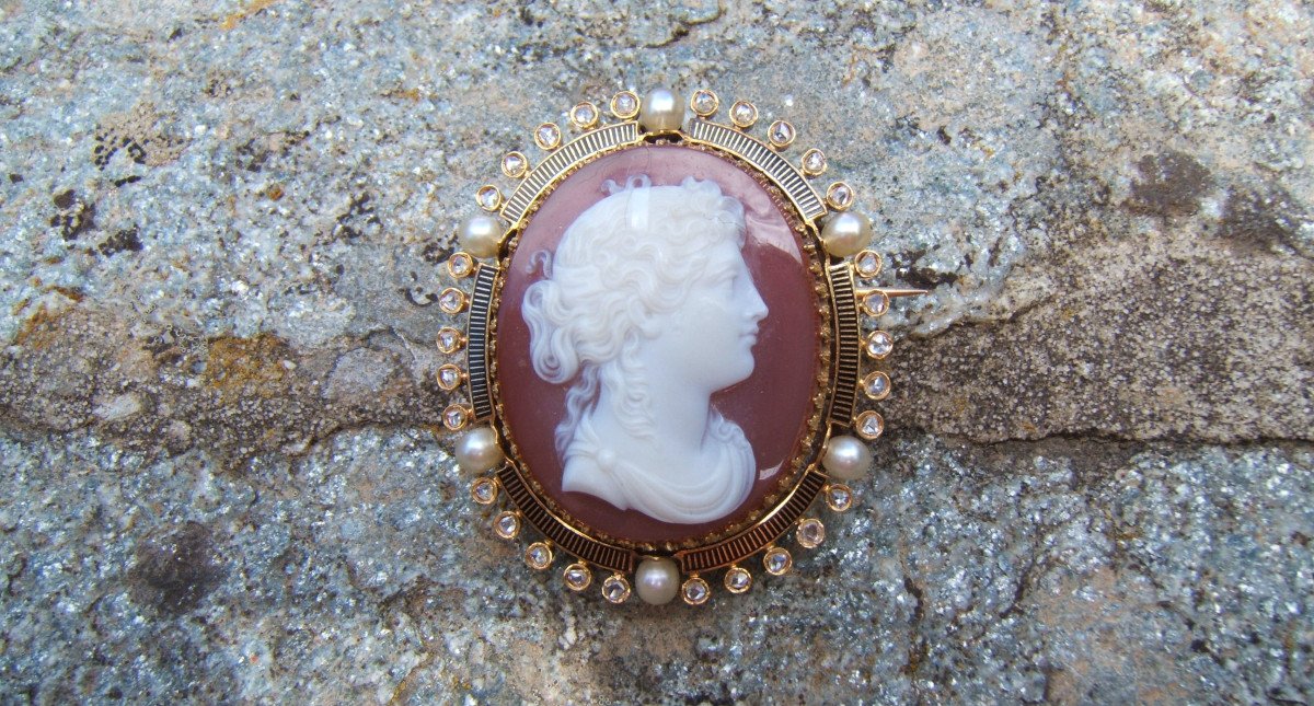 Enamelled Gold Brooch, Cameo On Carnelian. XIXth-photo-3