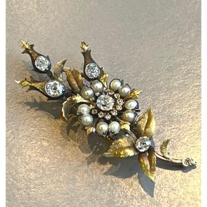 Broche Fleur or,diamants et perles.Fin XIXè