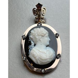 BROCHE  FORMANT PENDENTIF OR,CAMEE AGATE XIXè