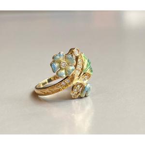 Art Nouveau Ring In Enameled Gold And Diamonds. 20th Century