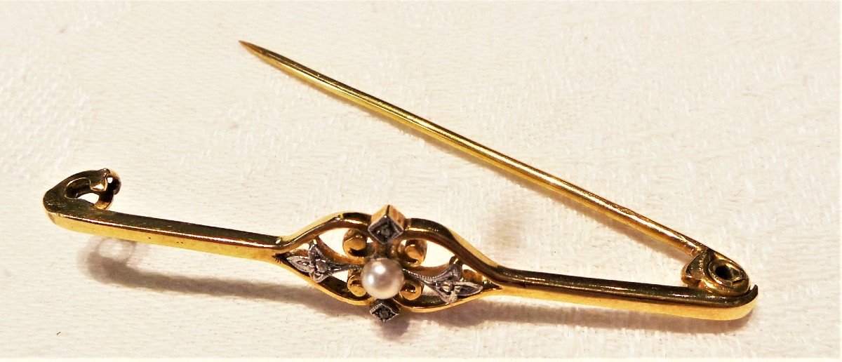 Barrette Brooch - Gold - Pearl - Diamonds - Circa 1900-photo-1