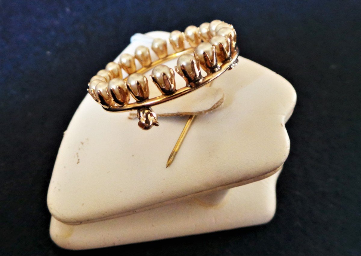 12k Gold Brooch With White Pearl Crowns - 1950s - 20th Century-photo-3
