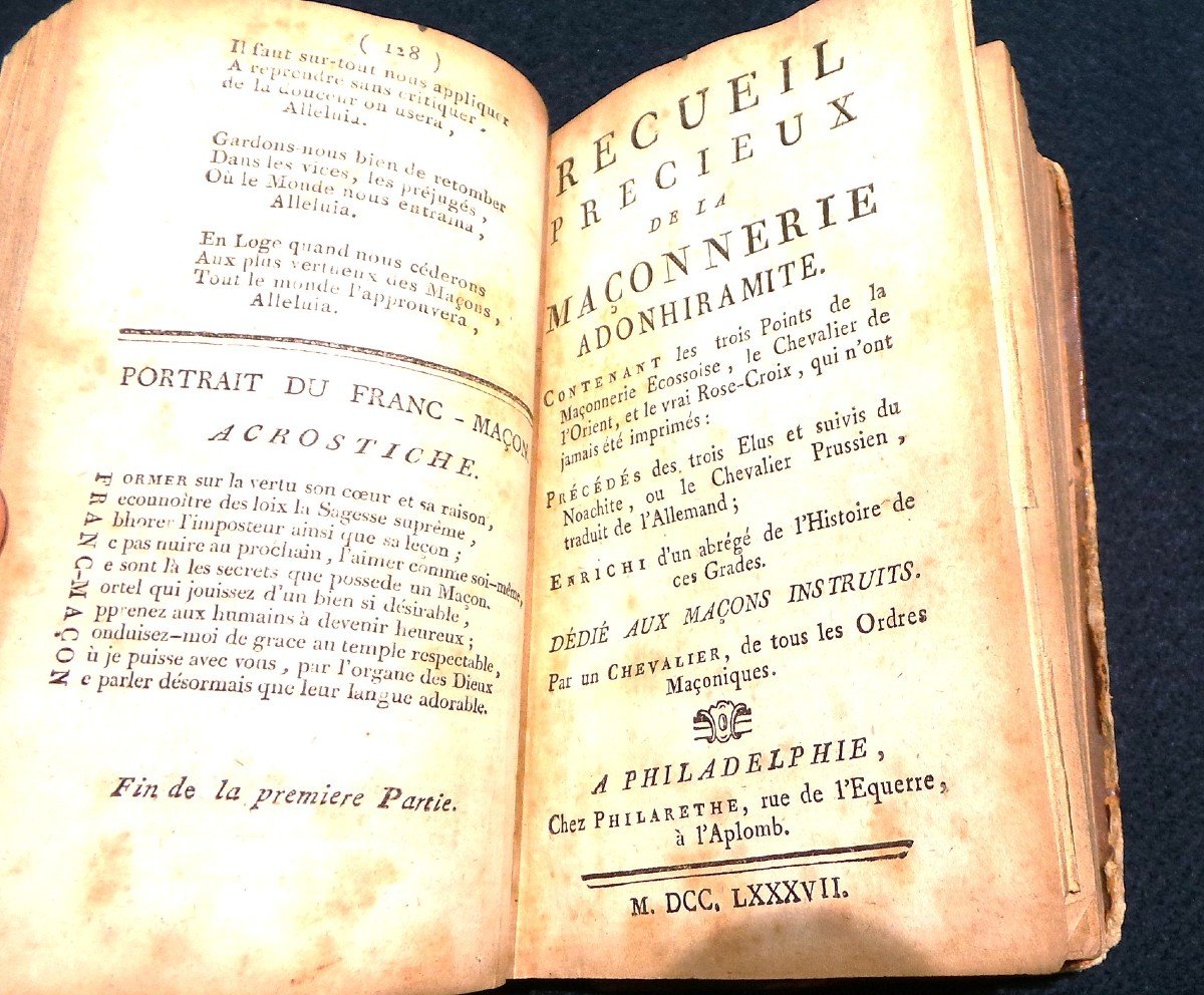 RARE RECUEIL MACONNIQUE ADOHIRAMITE-GUILLEMAIN DE ST-VICTOR- 1787-EDITION PHILADELPHIE- XVIII°.-photo-1