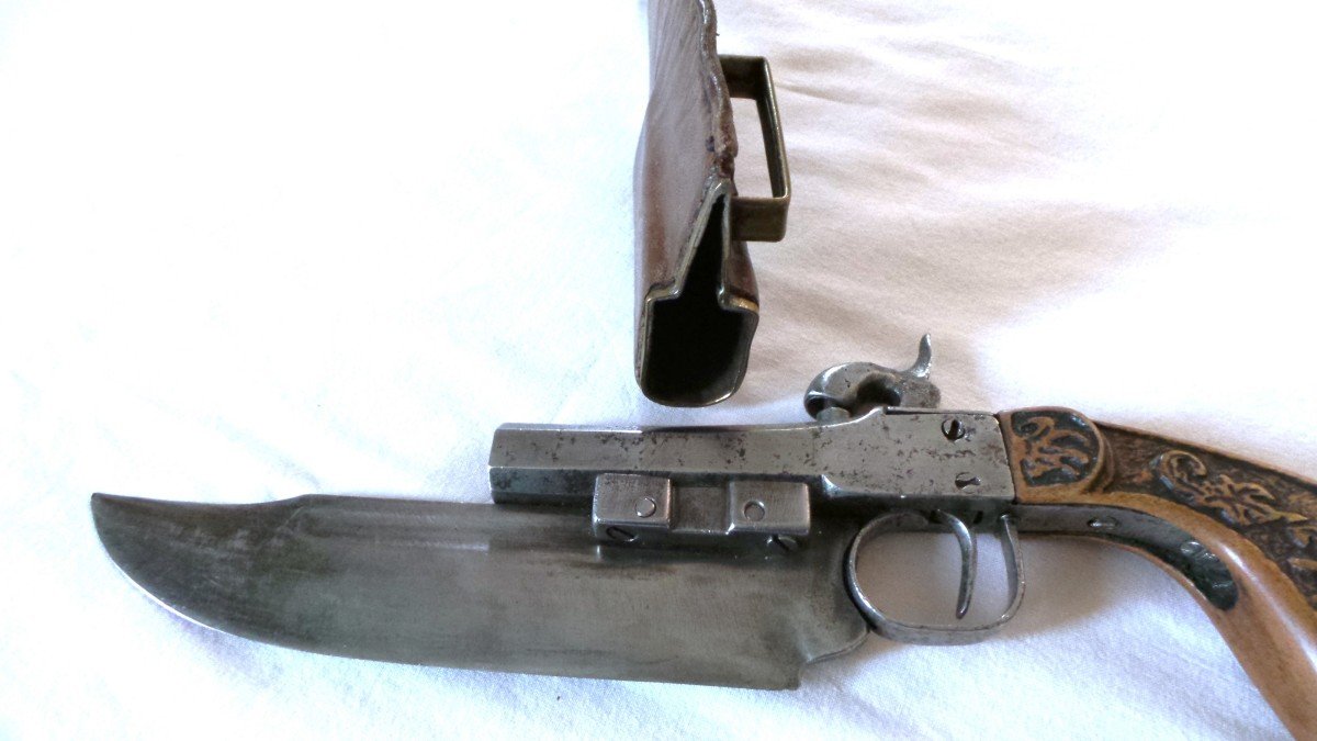 Chest Pistol - Combined Weapon With Bowie Type Fixed Blade - 19th Century-photo-3