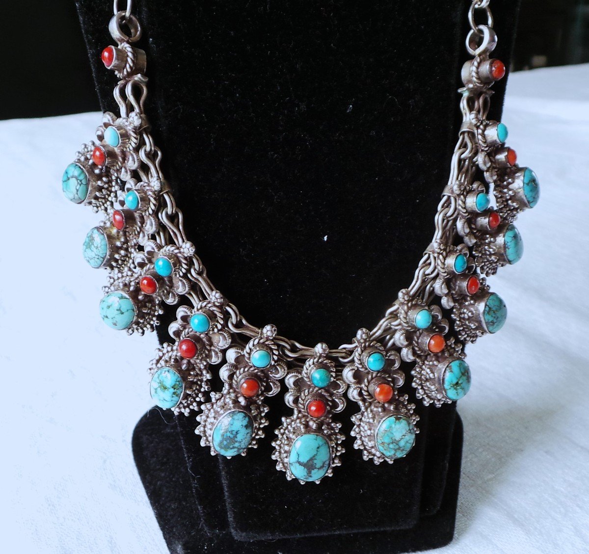 COLLIER AMERINDIENS " NAVAJO " -ARGENT 925 -TURQUOISE-CORAIL --photo-2