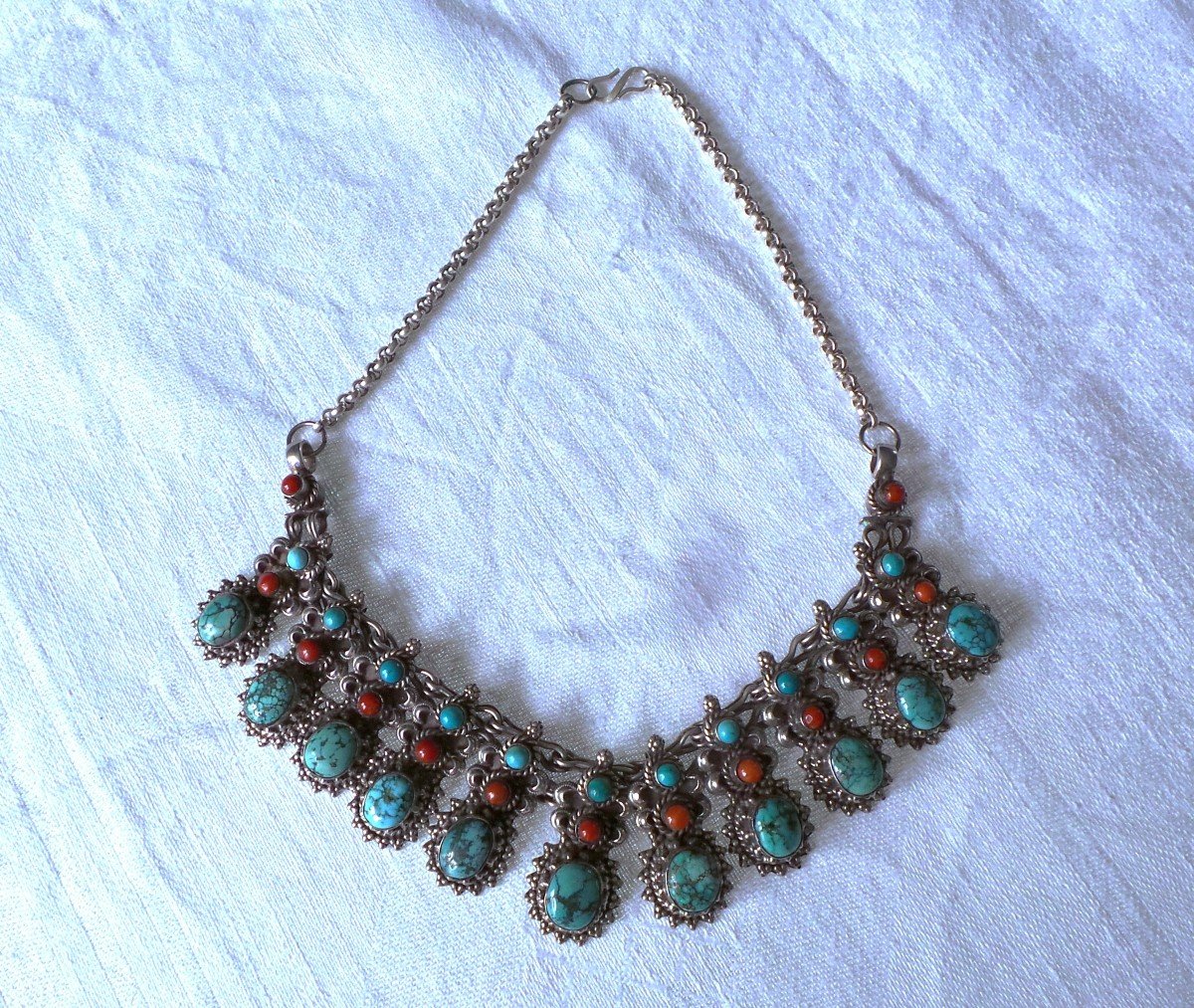 COLLIER AMERINDIENS " NAVAJO " -ARGENT 925 -TURQUOISE-CORAIL --photo-3