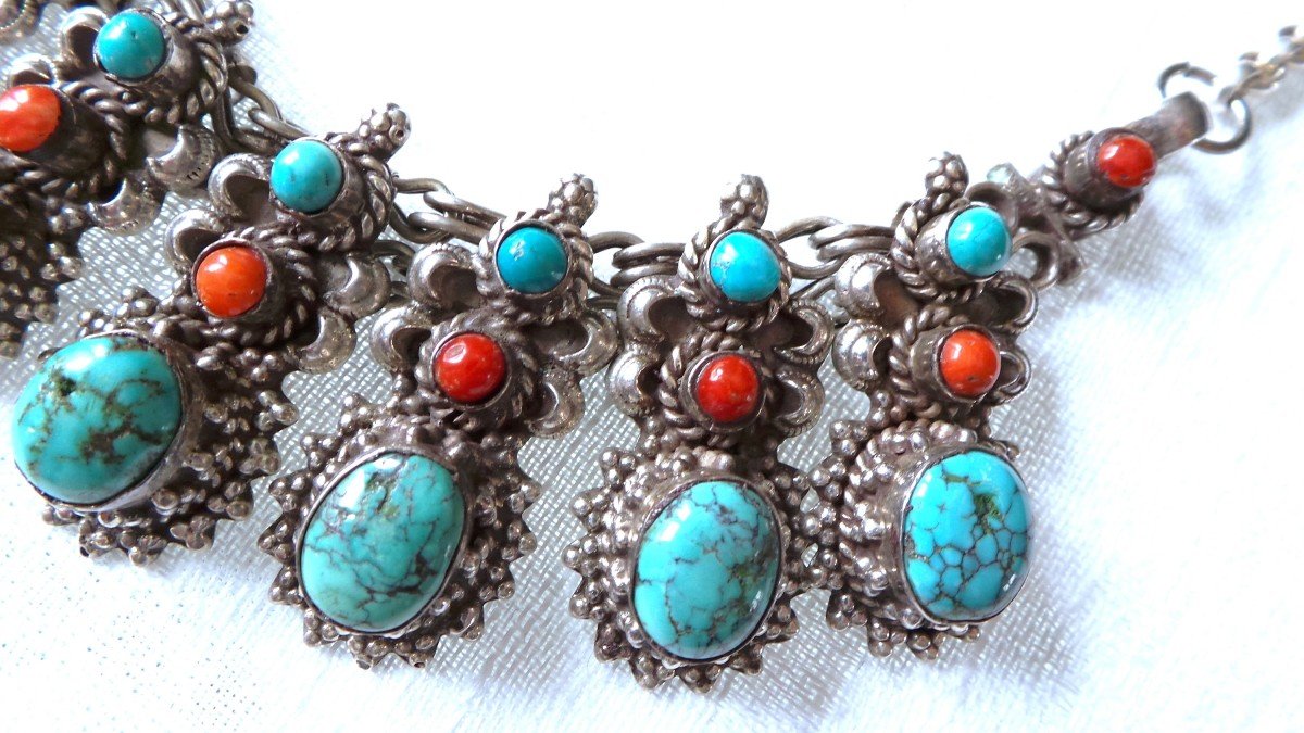 COLLIER AMERINDIENS " NAVAJO " -ARGENT 925 -TURQUOISE-CORAIL --photo-2