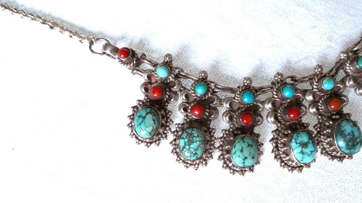 COLLIER AMERINDIENS " NAVAJO " -ARGENT 925 -TURQUOISE-CORAIL --photo-3