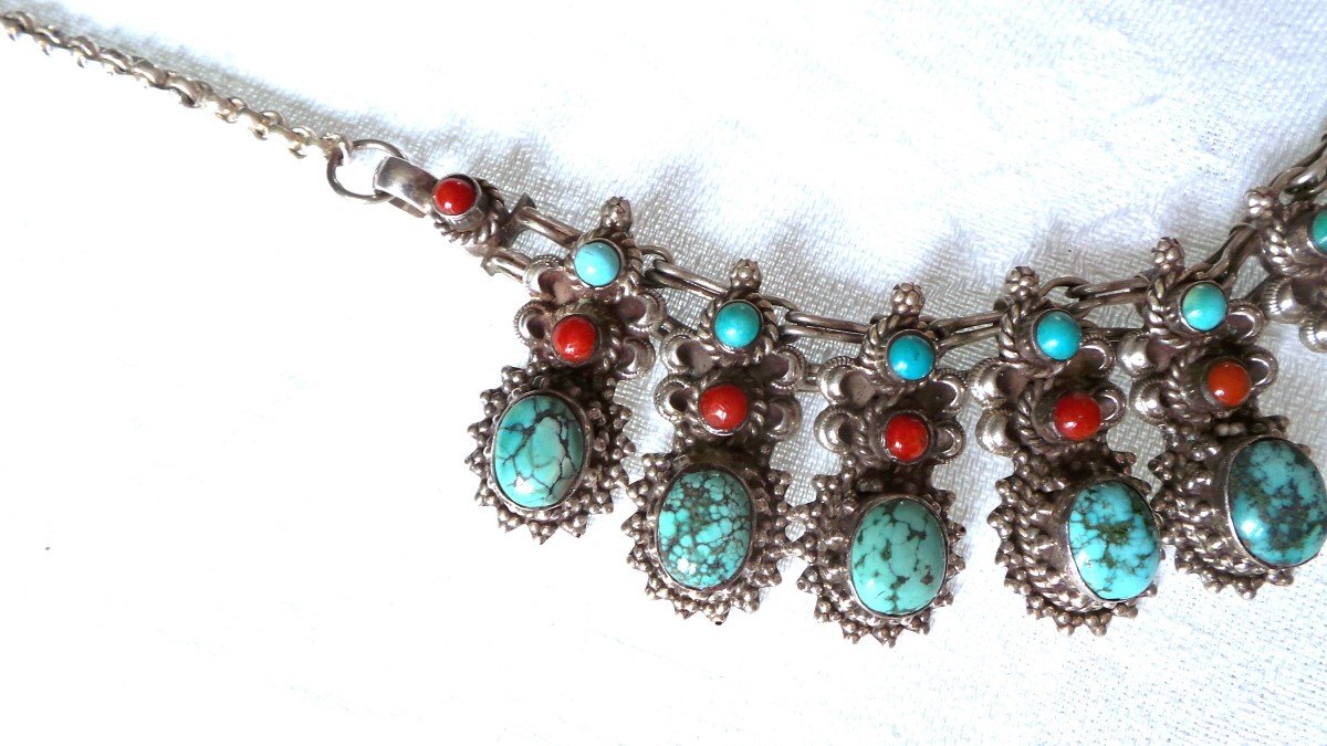 Amerindian “navajo” Necklace - 925 Silver - Turquoise-corail --photo-3