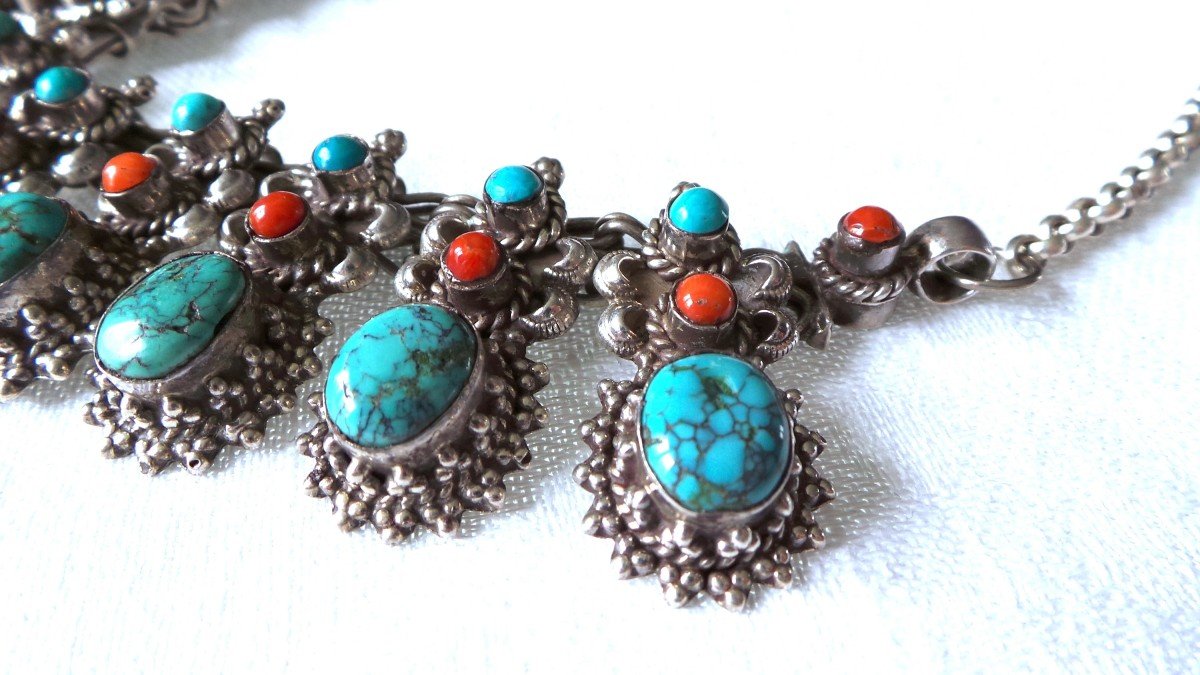 Amerindian “navajo” Necklace - 925 Silver - Turquoise-corail --photo-6