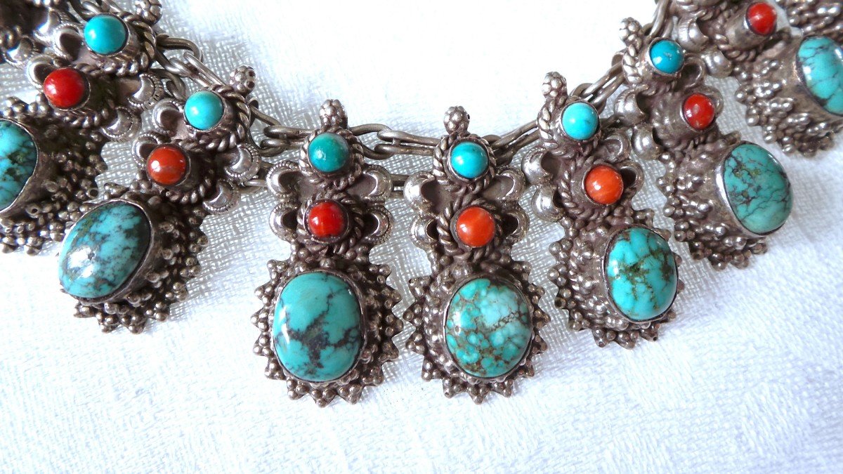 COLLIER AMERINDIENS " NAVAJO " -ARGENT 925 -TURQUOISE-CORAIL --photo-7