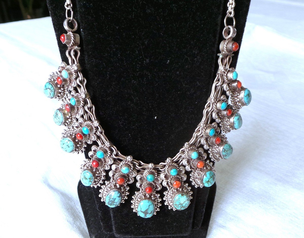 COLLIER AMERINDIENS " NAVAJO " -ARGENT 925 -TURQUOISE-CORAIL --photo-8