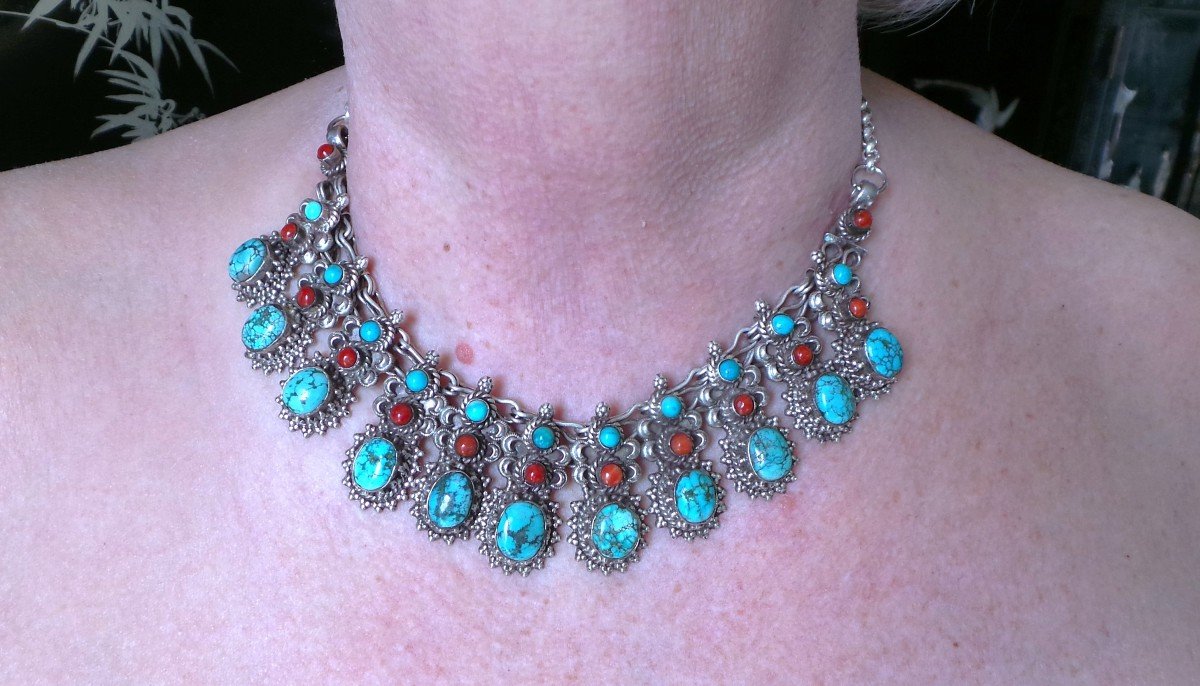 COLLIER AMERINDIENS " NAVAJO " -ARGENT 925 -TURQUOISE-CORAIL -