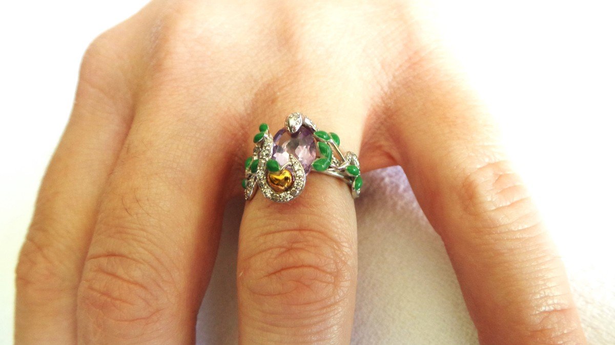 BAGUE - SERPENT - LE PARADIS - EDEN - FRUIT DEFENDU - ARGENT 925  - DIAMANTS - EMAIL -  XX°-photo-3
