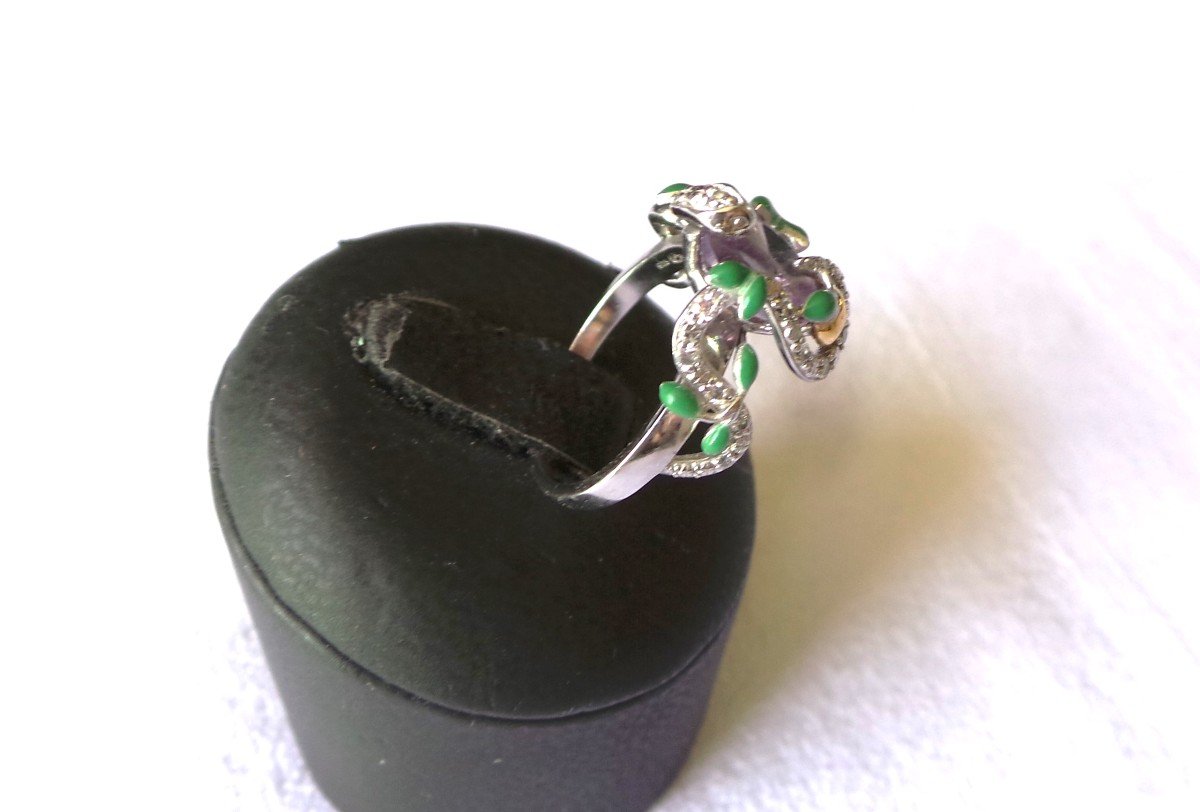 BAGUE - SERPENT - LE PARADIS - EDEN - FRUIT DEFENDU - ARGENT 925  - DIAMANTS - EMAIL -  XX°-photo-2