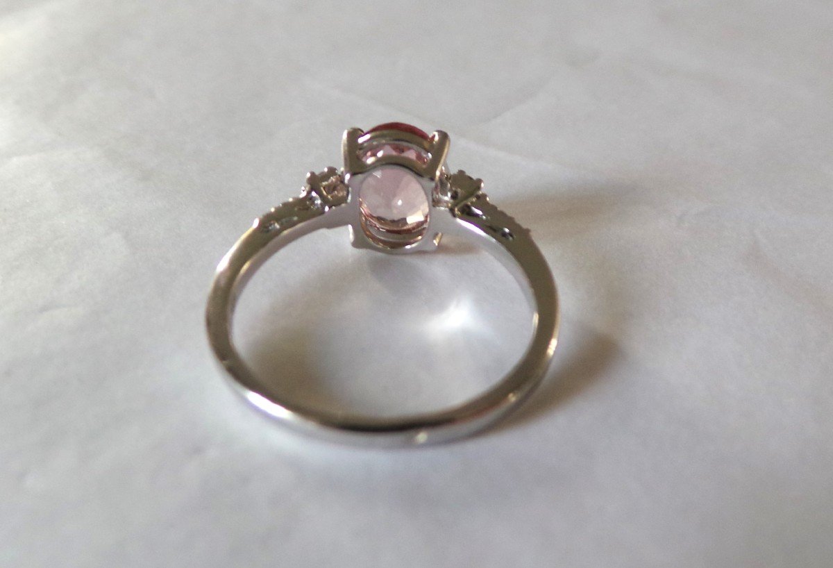 BAGUE OR GRIS 18K - TOURMALINE  ROSE & DIAMANTS - NUMEROTEE -POINCON "TETE D'AIGLE" XX°-photo-4