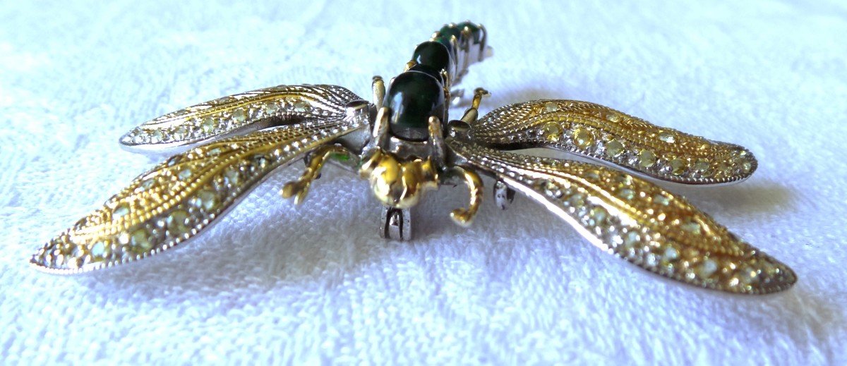 "dragonfly" Brooch Pendant In Silver & Vermeil - Black Opals - Yellow Sapphires - XX°-photo-2