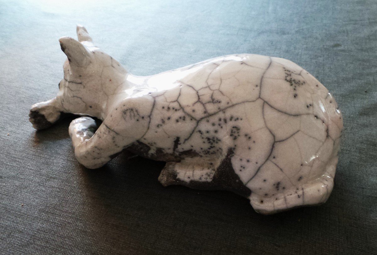 "asian Cat" White Earth Raku Firing - Ph-j-darondeau - Retais Sculptor-photo-4