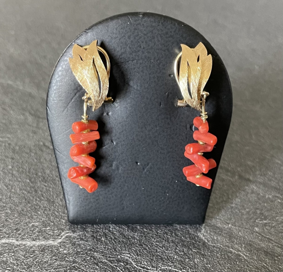 18k Gold & Coral Strand Earrings - Circa 1960-1970-photo-3
