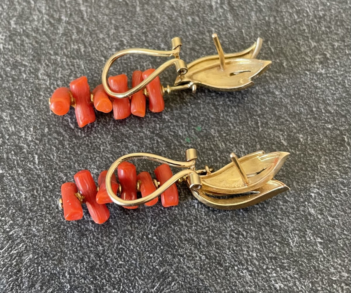 18k Gold & Coral Strand Earrings - Circa 1960-1970-photo-1