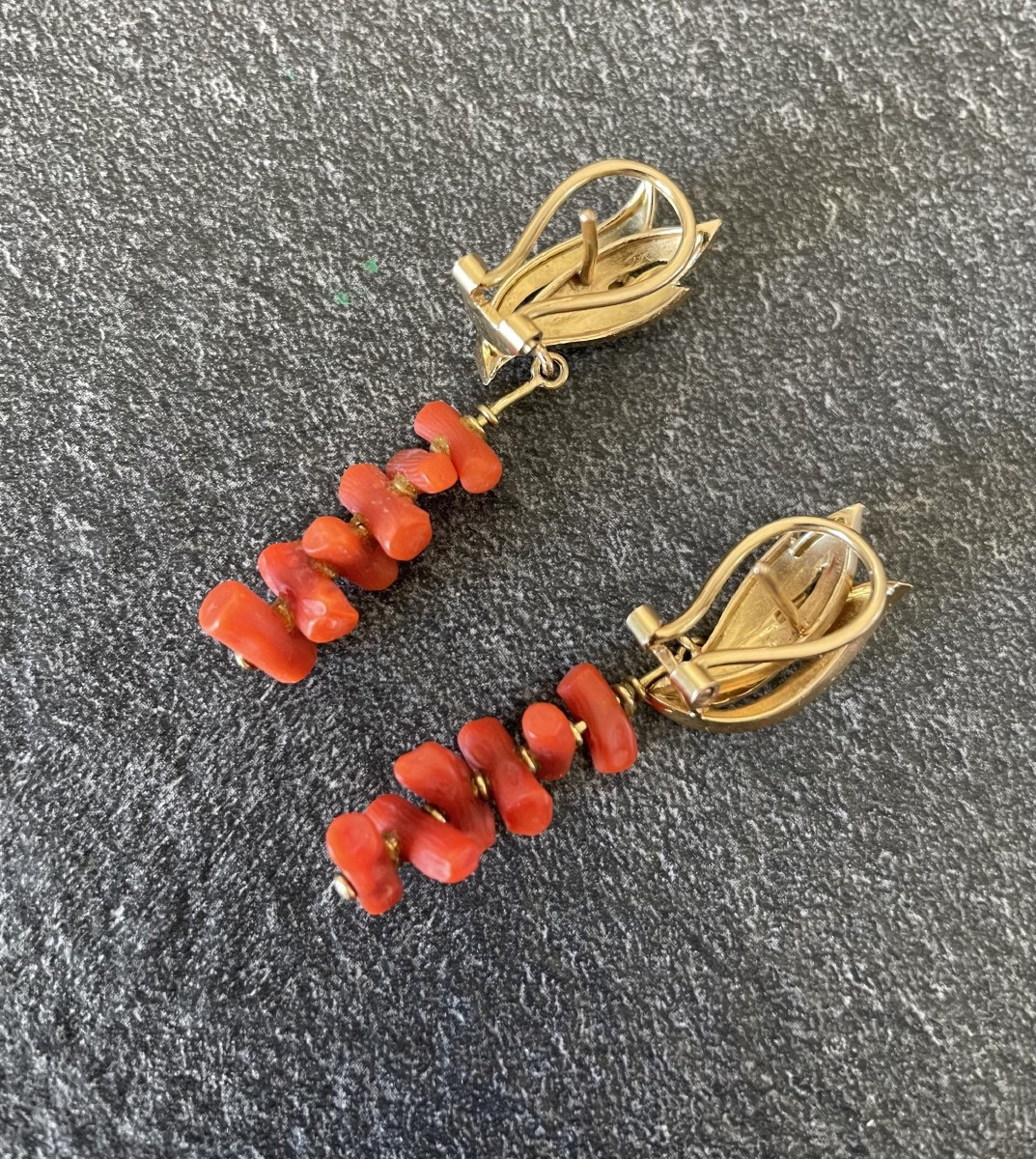 18k Gold & Coral Strand Earrings - Circa 1960-1970-photo-2