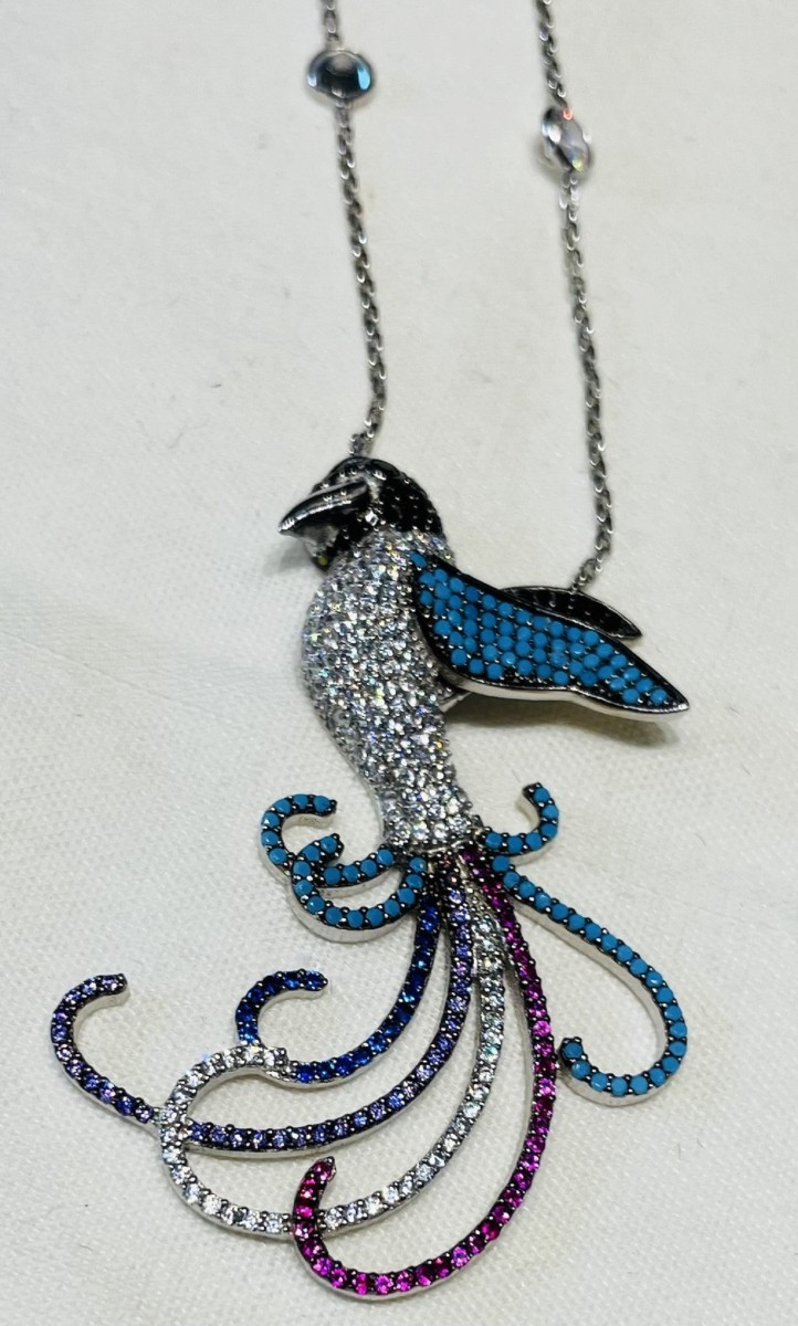PENDENTIF "  OISEAU DE PARADIS " EN ARGENT 925  & PIERRES AVEC SA CHAINE - XX°-photo-6