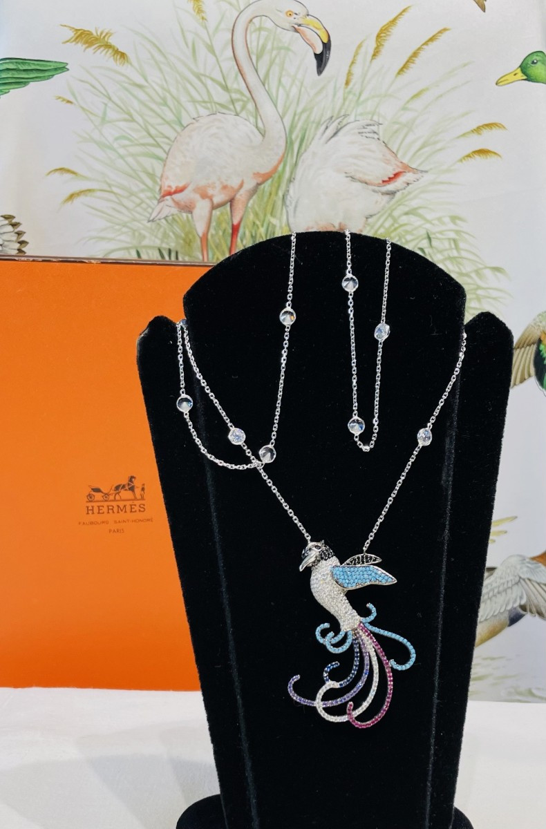 PENDENTIF "  OISEAU DE PARADIS " EN ARGENT 925  & PIERRES AVEC SA CHAINE - XX°