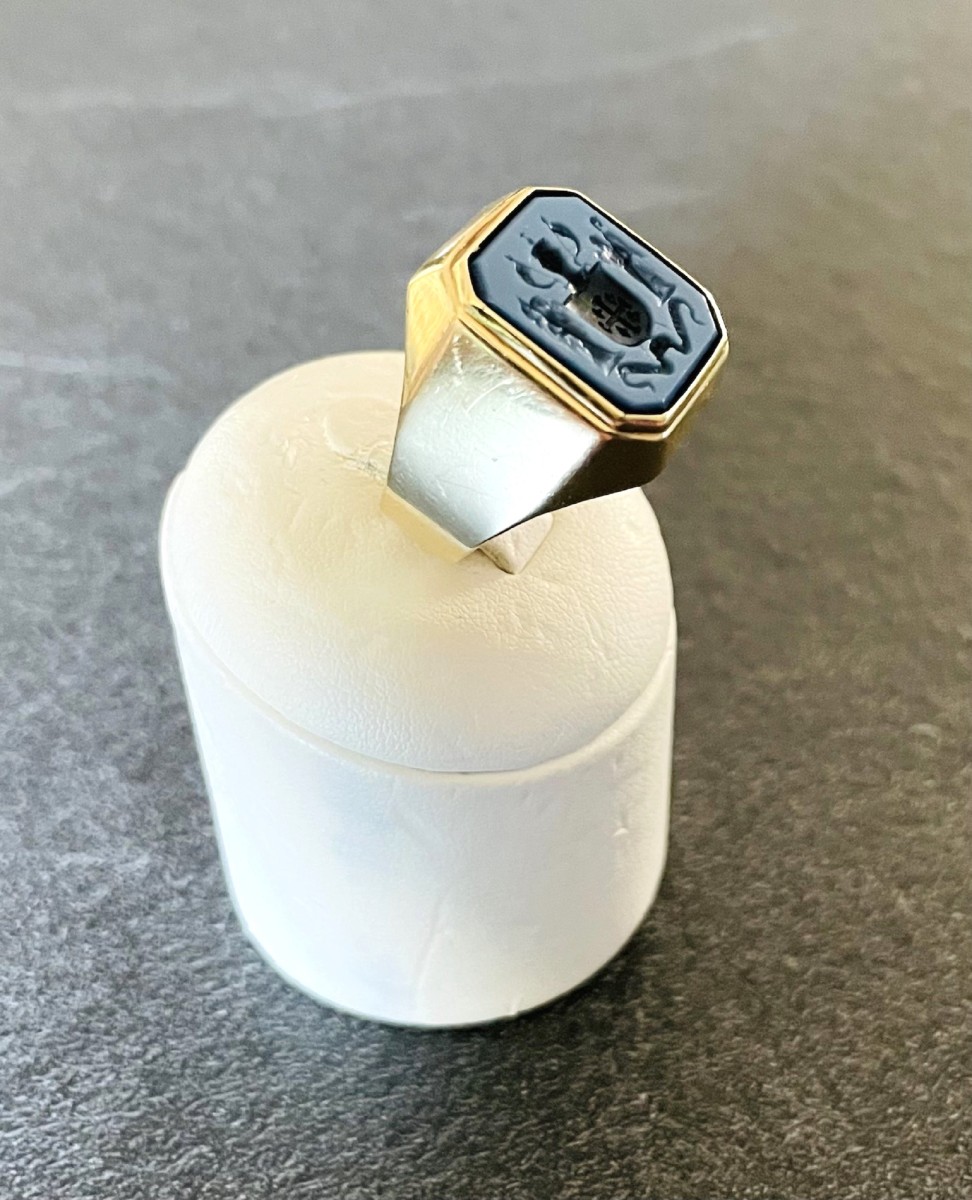 Niccolo Gold & Blue Agate Signet Ring - With The Coat Of Arms Of The Equestrian Order Of The Holy Sepulcher Of Jerusalem-photo-2