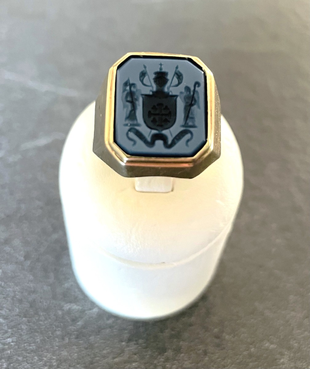 Niccolo Gold & Blue Agate Signet Ring - With The Coat Of Arms Of The Equestrian Order Of The Holy Sepulcher Of Jerusalem