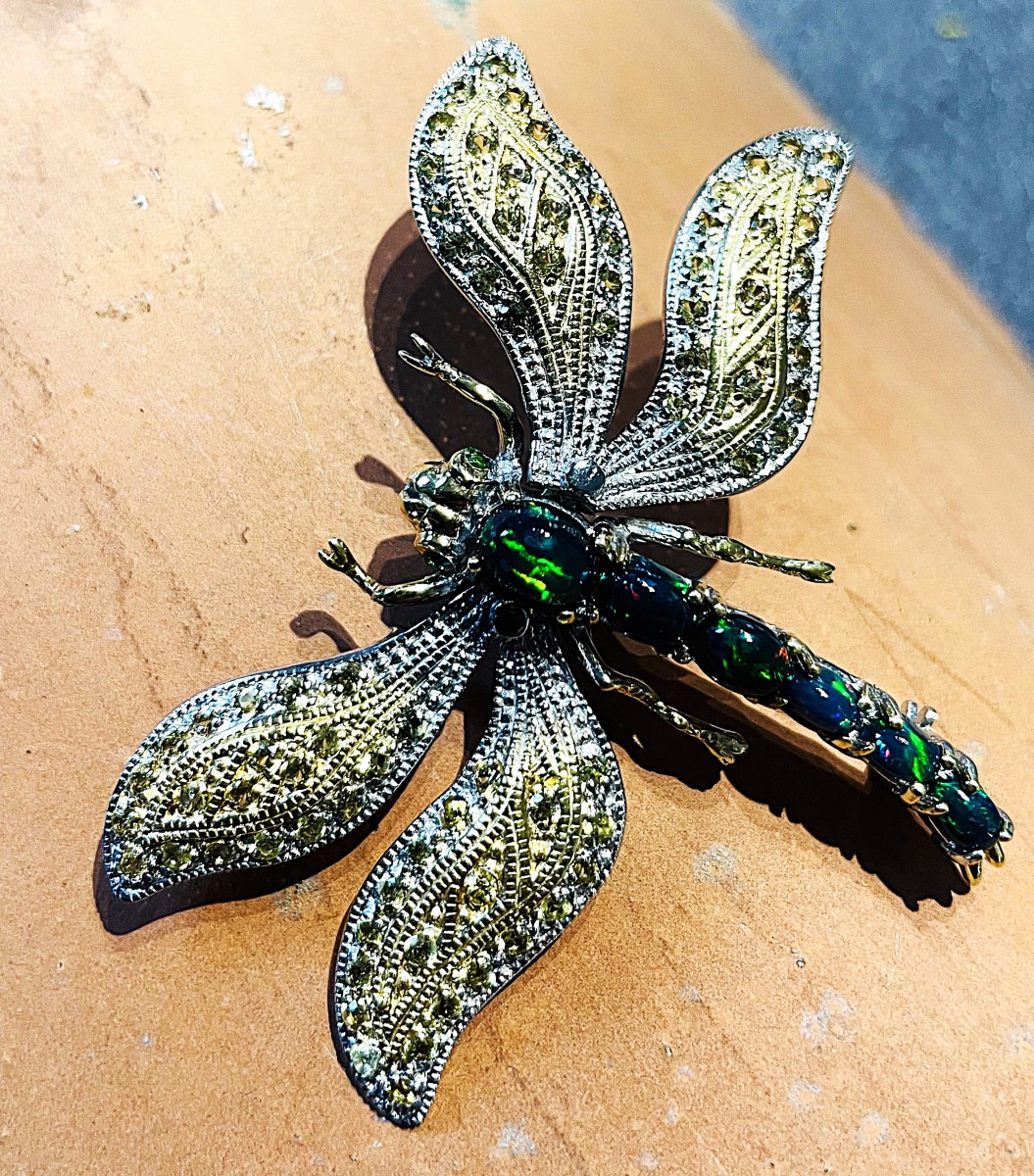 Dragonfly-shaped Pendant In 925 Silver - Sapphire & Black Opal - 20th Century-photo-2