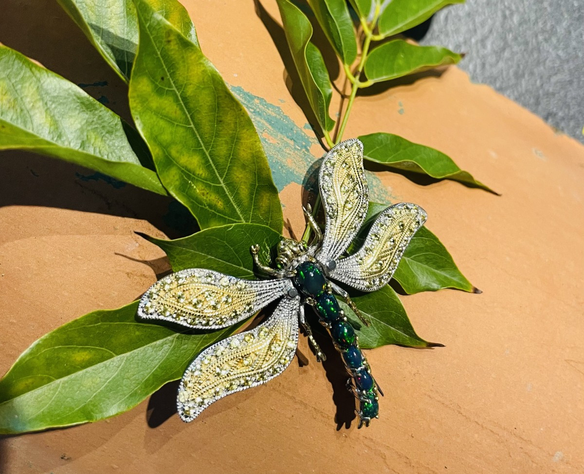 Dragonfly-shaped Pendant In 925 Silver - Sapphire & Black Opal - 20th Century-photo-1
