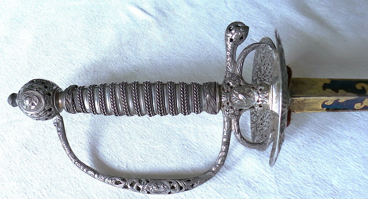 Sword With Silver Hilting - Louis XV - Louis XVI - 18th Century - Blued & Gold Blade-photo-2