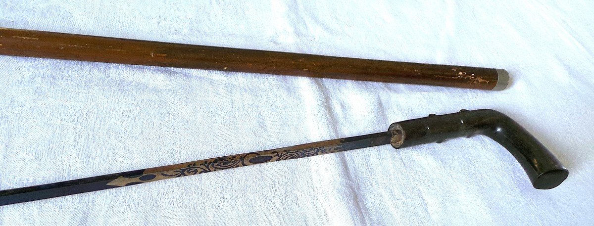 CANNE EPEE A BELLE LAME BLEUIE ET DORE - POIGNEE EN CORNE-photo-1