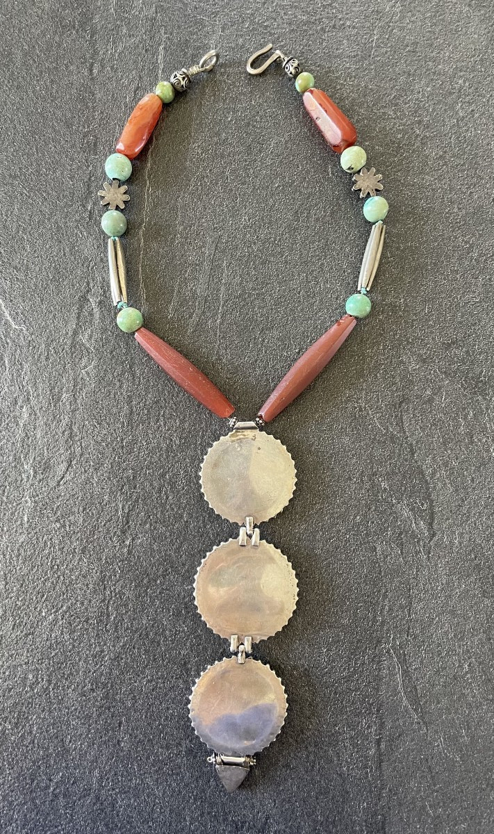Ethnic Berber Long Necklace - Silver & Carnelian & Turquoise-photo-3